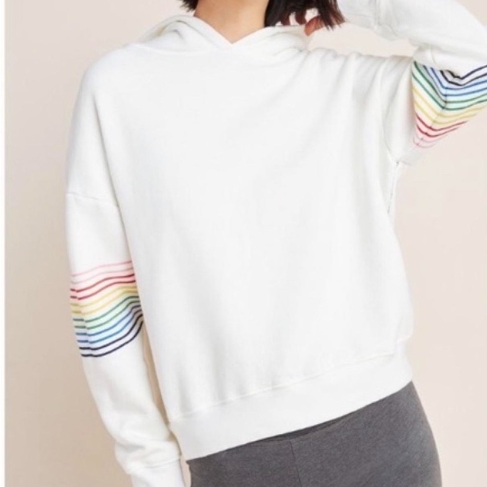 white sundry hoodie with rainbow stripes